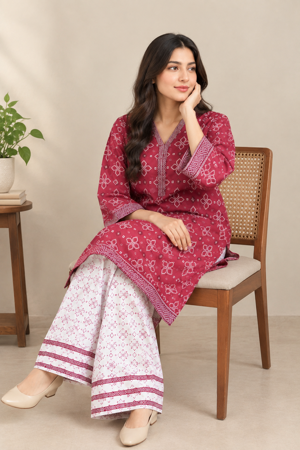 Ajrak Inspired Printed 2 Piece Suit - Maroon